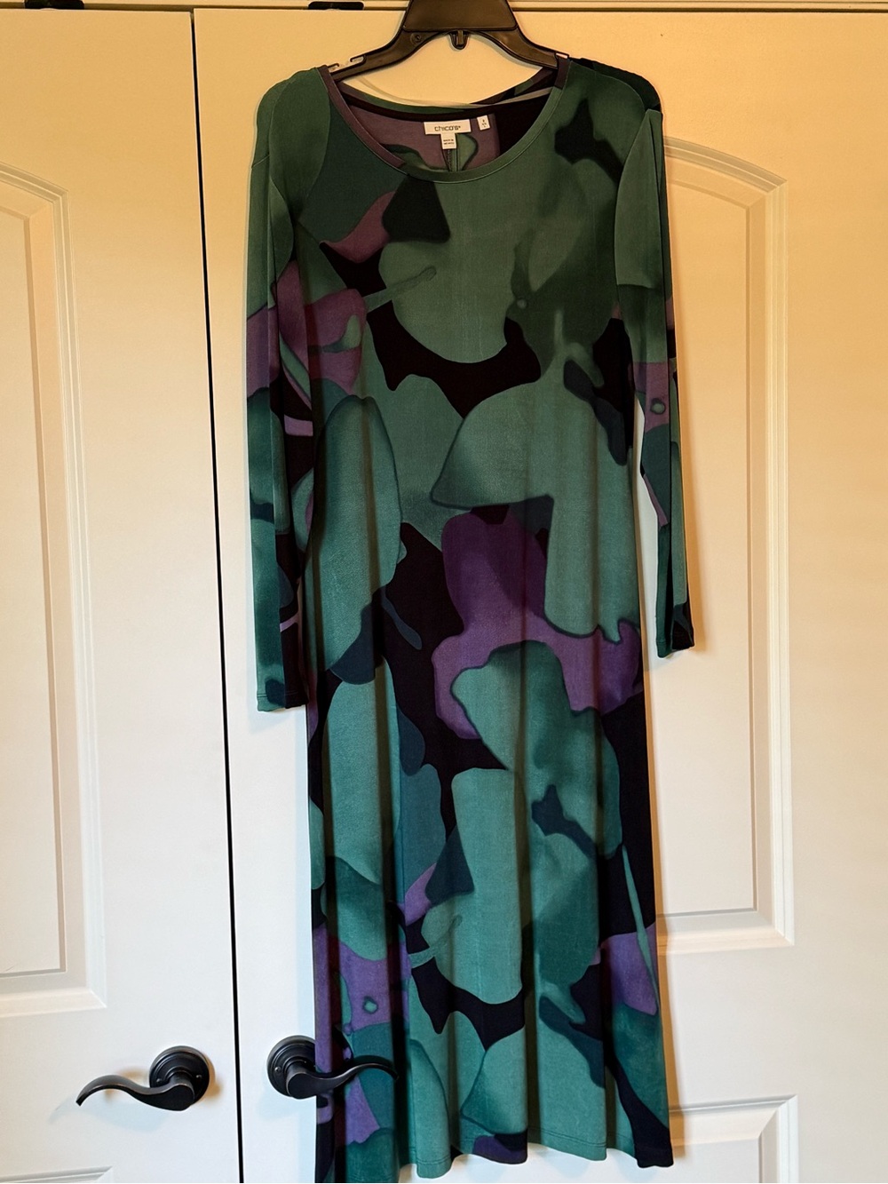 Green and Purple Long Sleeve Printed A-Line Dress